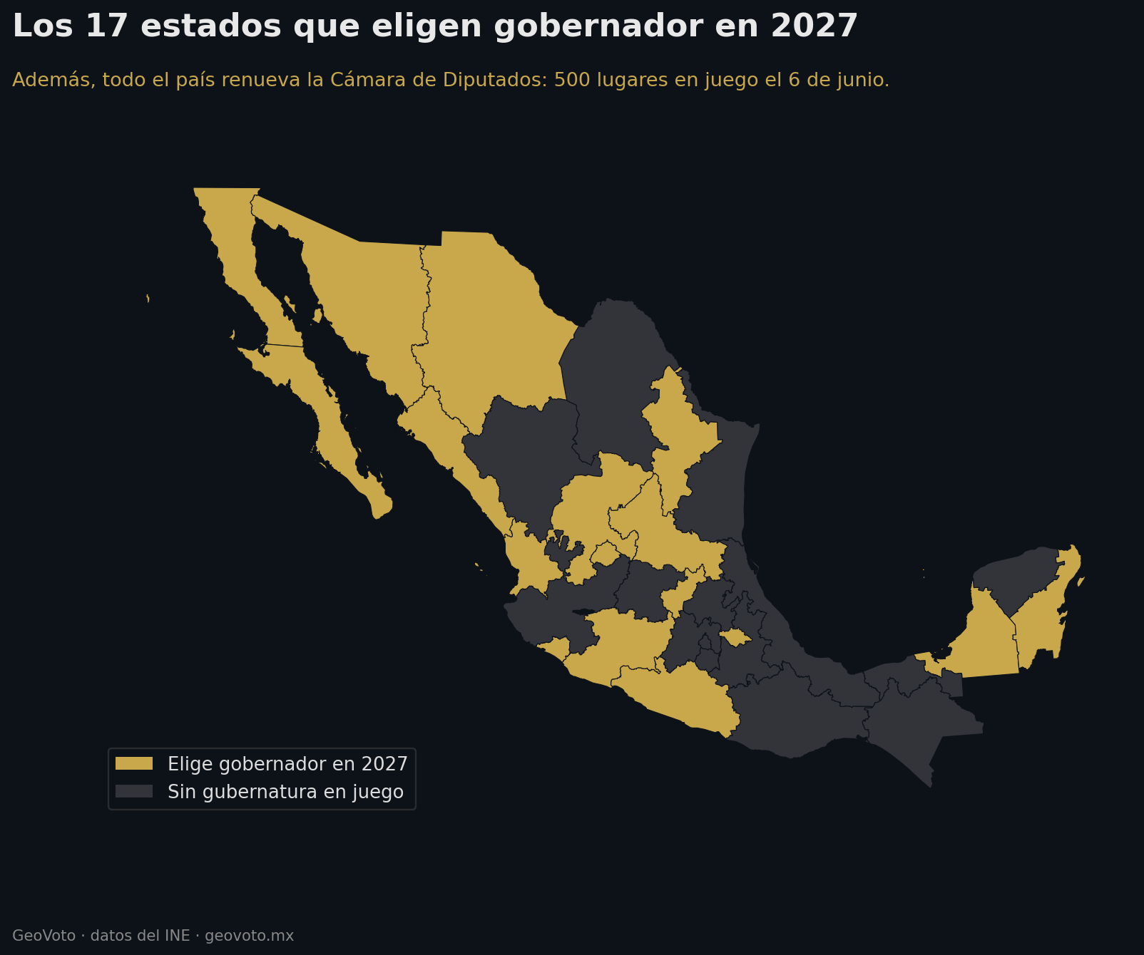 Mapa de México con los 17 estados que eligen gobernador en 2027 resaltados en dorado.