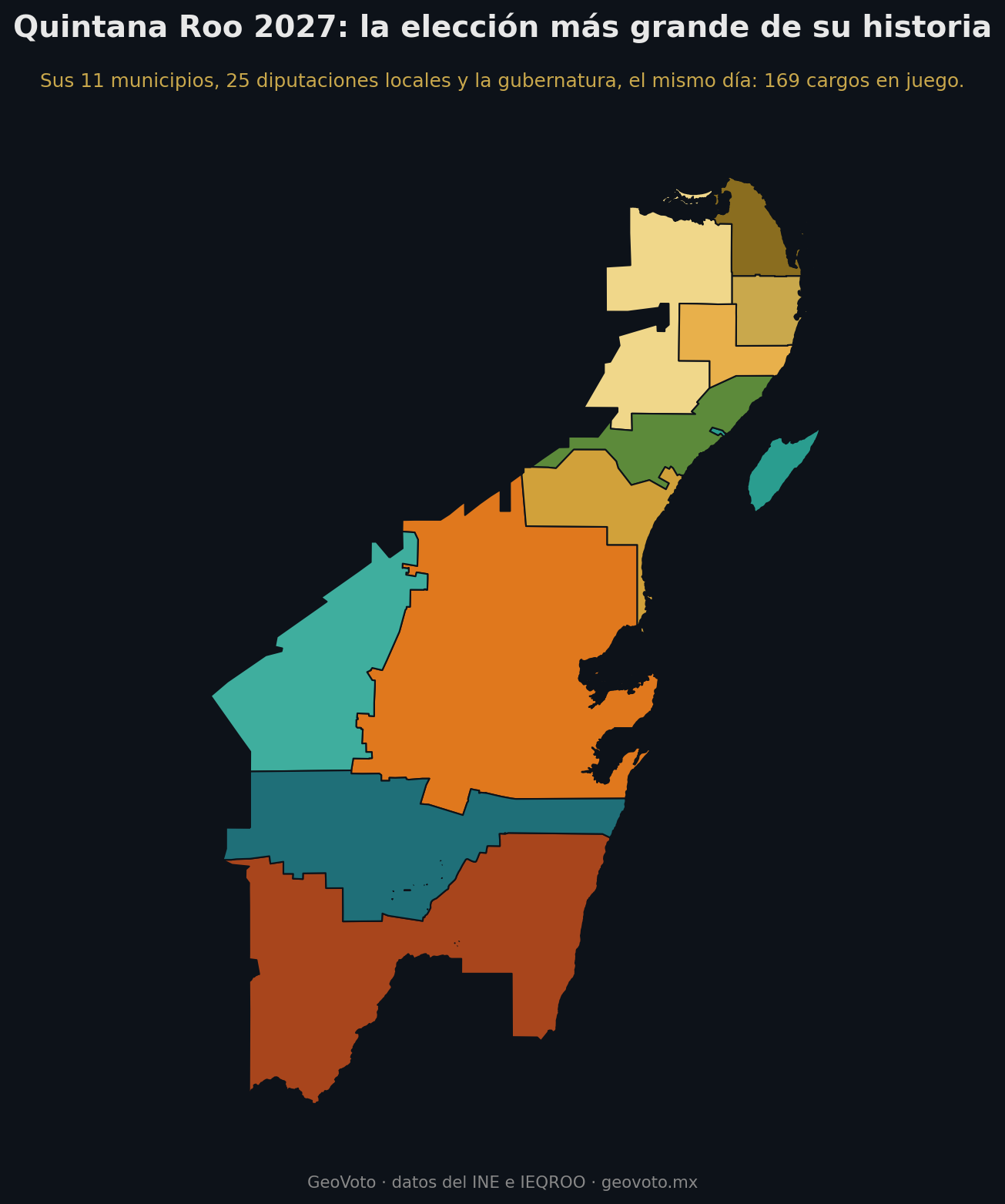 Mapa de Quintana Roo con sus 11 municipios en distintos colores, que renuevan gobierno en 2027.