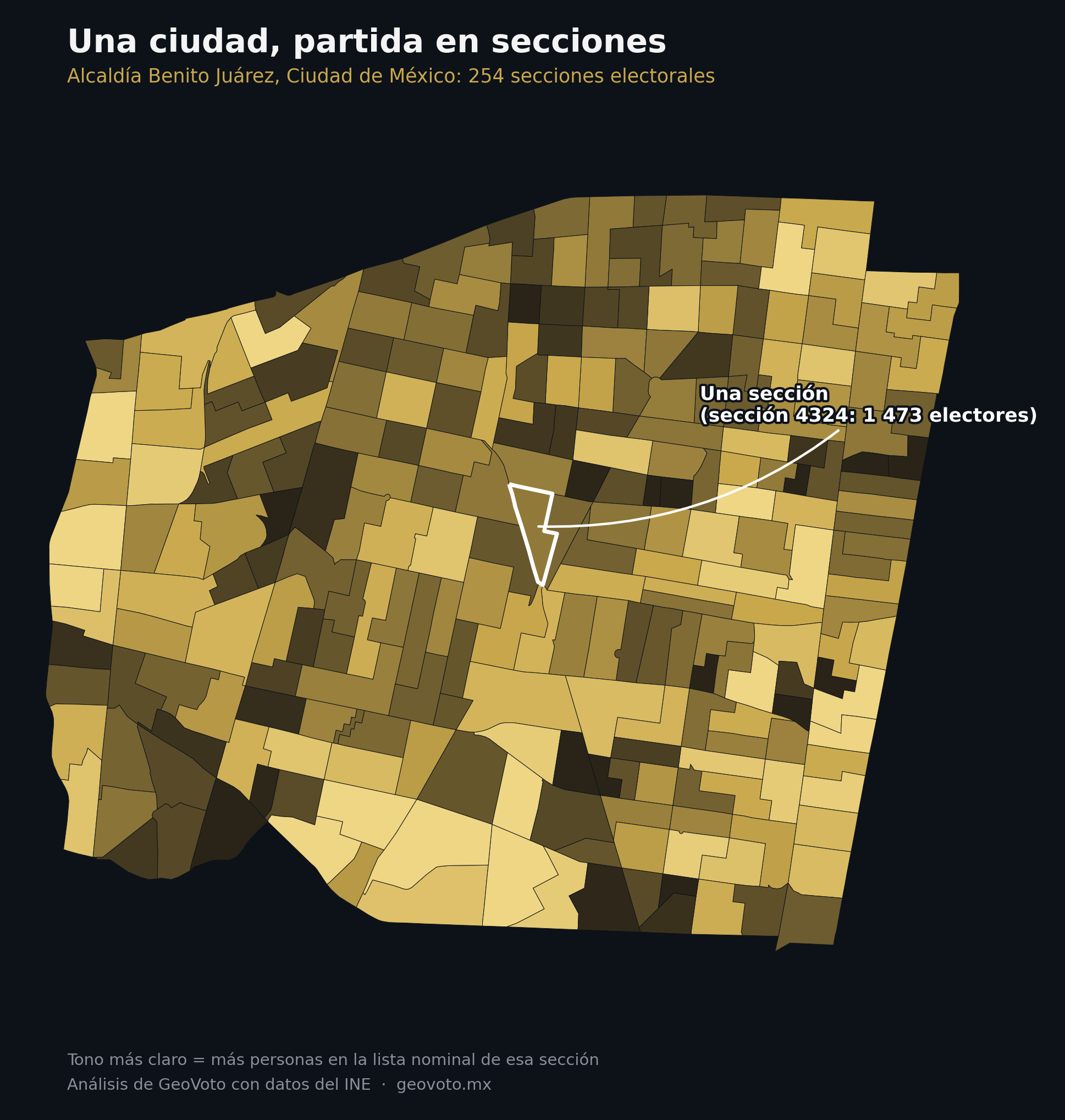 Mapa de la alcaldía Benito Juárez de la Ciudad de México dividida en sus 254 secciones electorales, con una sección resaltada.